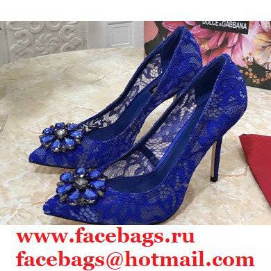 Dolce & Gabbana Heel 10.5cm Taormina Lace Pumps Blue with Crystals 2021